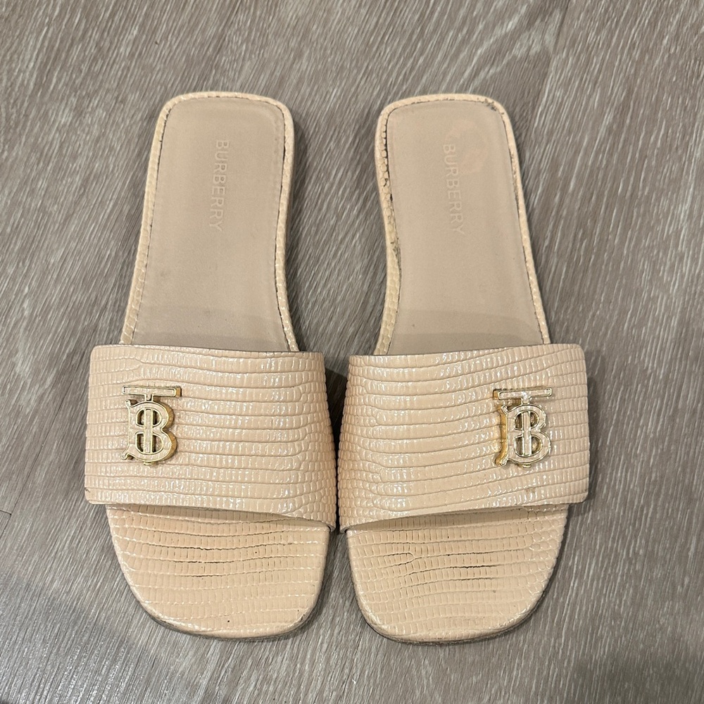 Burberry Tan Embossed Slide Sandals